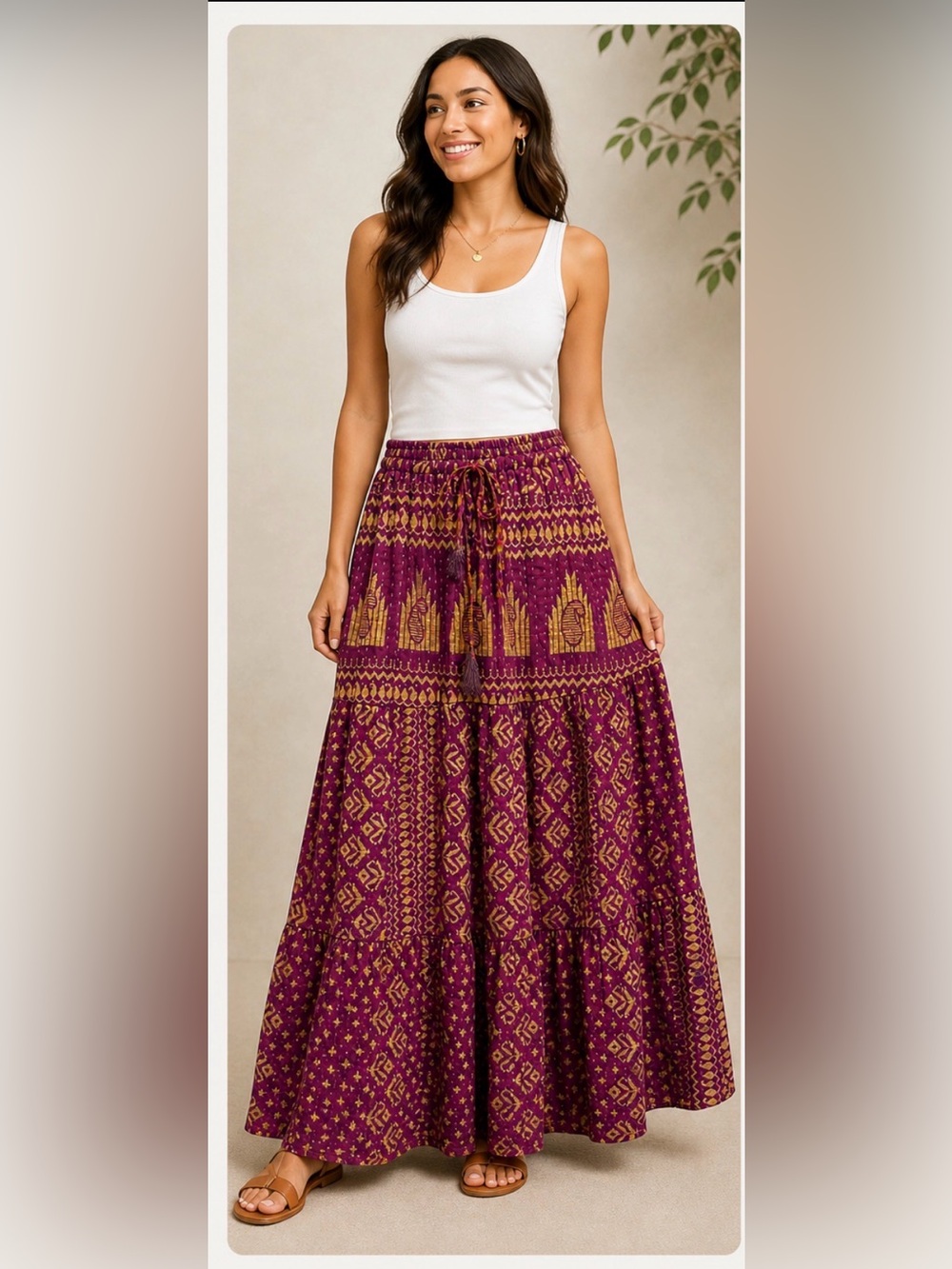 100% cotton Kantha Bohemian Tiered Maxi Skirt in Burgundy and Gold